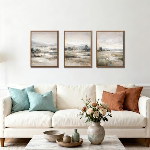 3Pcs Abstract Mist Countryside Blue Beige Mountains Canvas Wall Art 12"x16" - Image 2