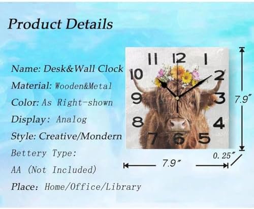 8 Inch Square Wall Clock, Beautiful Highland Cow Flower Spring Non Ticking - Image 3