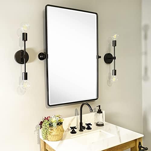 Farmhouse Pivot Rectangle Bathroom Mirror Black Metal Framed Tilting Beveled - Image 6