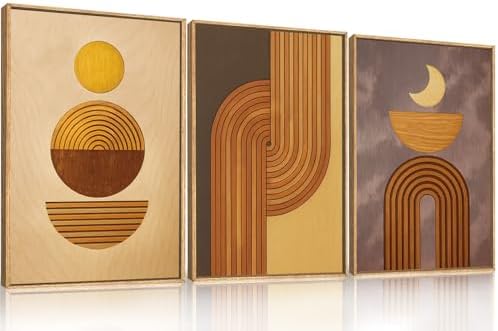 Large Boho Woodcut Framed Canvas Wall Art, Mid Century Modern Wall Decor - Image 2