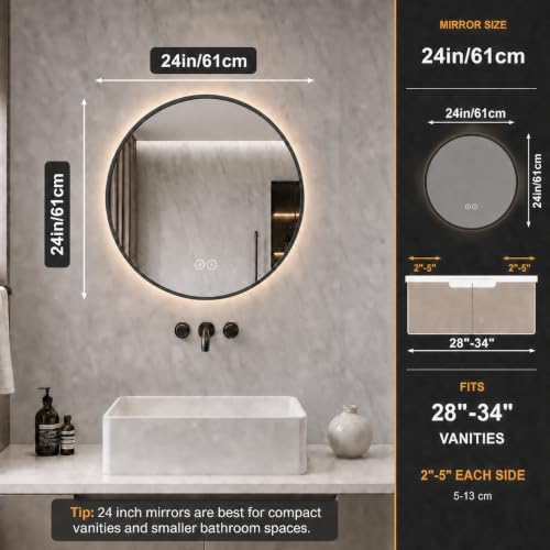 LAIYA 24in Round LED Bathroom Mirror Black Frame Backlit Anti-Fog Dimmable - Image 2