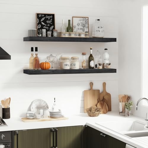 36x5.8x0.8in Floating Wall Shelves Rustic Solid Wood 2-Pack - Image 2