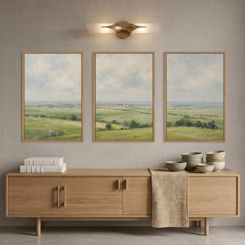 HOURIA Vintage Green Countryside Field Framed Canvas Wall Art Set, Rolling - Image 3