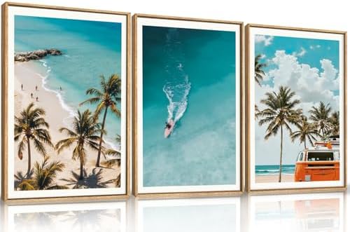LHIUEM Large Nature Surfboard Beach Framed Canvas Wall Art, Summer Ocean by LHIUEM