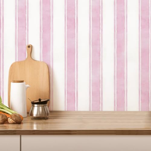 17.3" x 1200" Watercolor Pink Striped Peel and Stick Wallpaper - Image 6