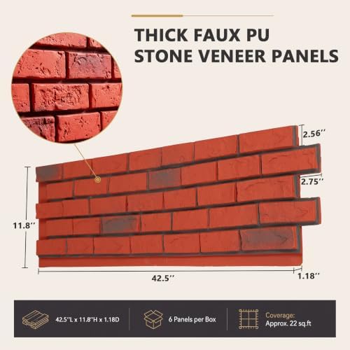 Faux Stone Wall Panels, 6 Pack PU Stone Veneer Panels, 44.9" L x 11.8" H x 1.2" - Image 3