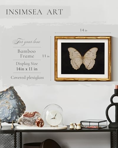 InSimSea Gold Bamboo Framed Wall Art, Retro White Butterfly Prints - Image 3
