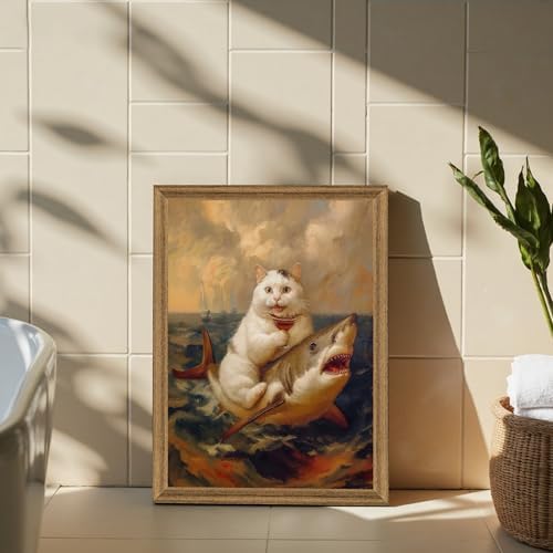 ICHZUMW Framed Funny White Cat Riding Shark Ocean Canvas Wall Art 16x24 In - Image 3