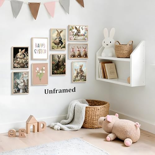 Vintage Easter Bunny Wall Art Set of 9, Cute Rabbit Canvas Print Prints - Image 6