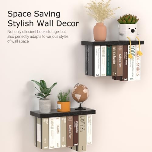 Floating Book Shelves for Wall Set of 2, Unique Wood Hanging Bookshelf - Image 2