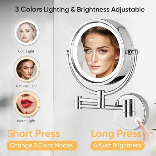 GURUN Hardwired LED Makeup Mirror Wall Mount Extendable Touch Chrome 10x - Image 2