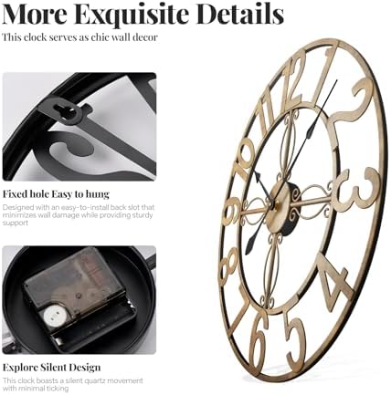 Cuspin 30 Inch Large Wall Clock Bronze Rustic Metal Decorative Clock - Image 5