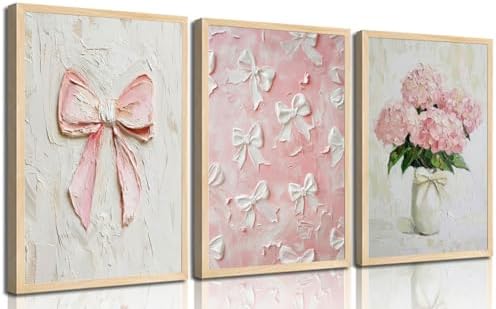 3Pcs Trendy Pink Bows Wall Art Cute Girly Coquette Watercolor Hydrangea Bow by Zuowclli