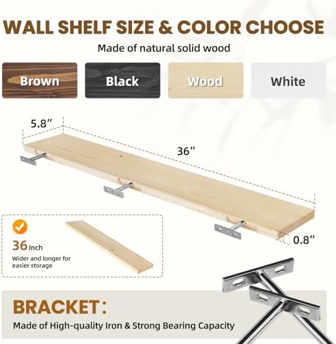 36x5.8x0.8in Floating Wall Shelves Rustic Solid Wood 2-Pack - Image 3
