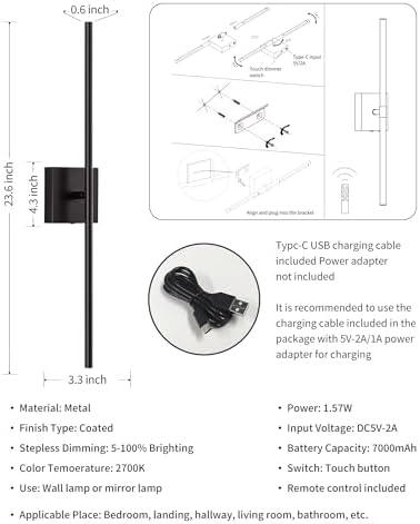 KDG Black 23.6" Cordless Wall Sconces Set of 2, Wireless LED Wall Lamps - Image 5
