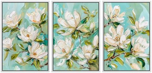 MUDECOR Framed Canvas Print Wall Art Abstract Magnolia Flower Teal Green by MUDECOR