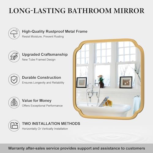 Ferytange Gold Bathroom Mirror for Wall 24" x 24" Modern Rounded Corner Square - Image 5
