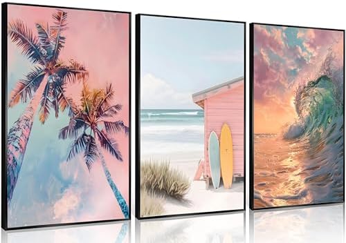 3Pcs Coastal Beach Unframed Canvas Wall Art, Preppy Tropical Summer Decor by SetrisWallArt