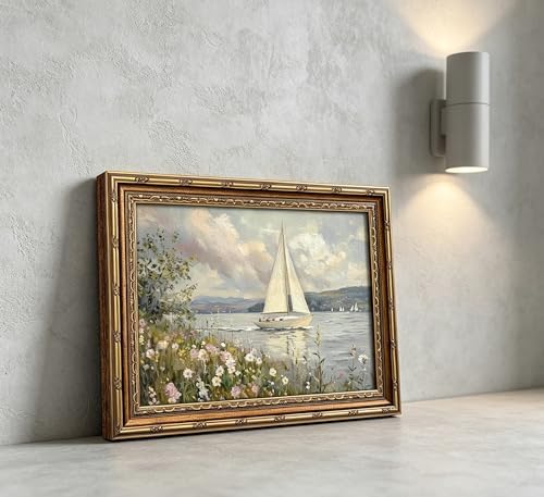 Vintage Gold Framed Coastal Landscape Wall art, Wildflower and Sailboat Oil - Image 5