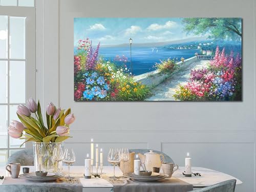 Arjun Blue Coastal Landscape Canvas Wall Art Ocean Large Framed 48"x24" - Image 5
