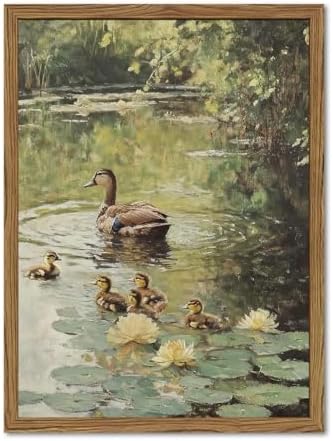 Framed Vintage Duck Canvas Wall Art, Rustic Farmhouse Animal Family Pictures by Unknown