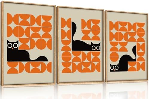 HOURIA Mid Century Geometric Black Cat Framed Canvas Wall Art Set, Abstract by HOURIA