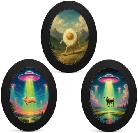 3Pcs Funny Whimsical UFO Animal Oval Wall Art Framed Home Decor by Unknown