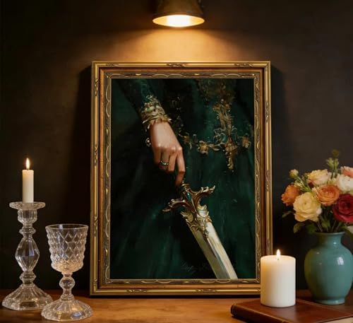 Vintage Gold Framed Emerald Queens Sword Canvas Wall Art Dark Academia Gothic - Image 5