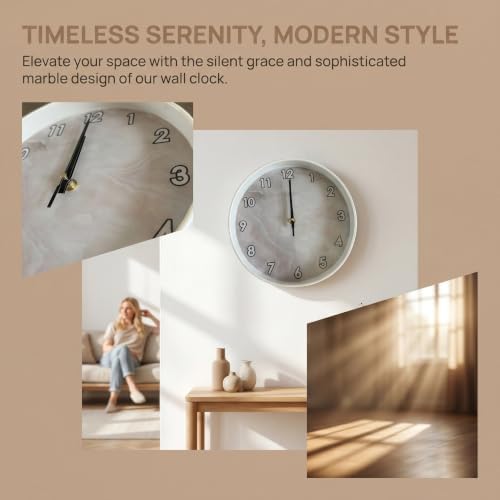 Beige White Marble Texture Luxury wall Clock Silent Non Ticking Battery - Image 2