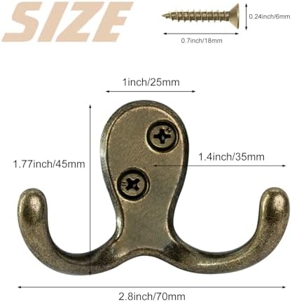 Homanu 10 Pack Antique Brass Double Prong Coat Hooks - Image 5