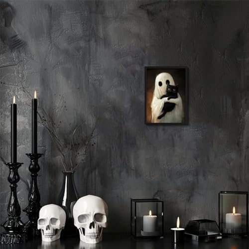 Framed Vintage Halloween Ghost Wall Art, Cute Ghost Hugging Black Cat Canvas - Image 2