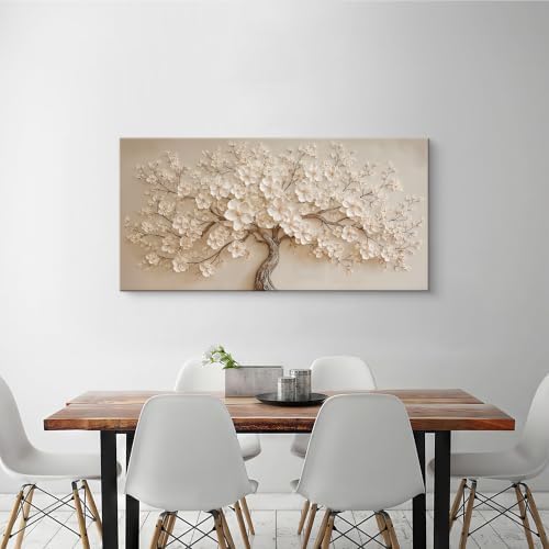 Modern Elegant White Floral Tree Canvas Wall Art - Image 3
