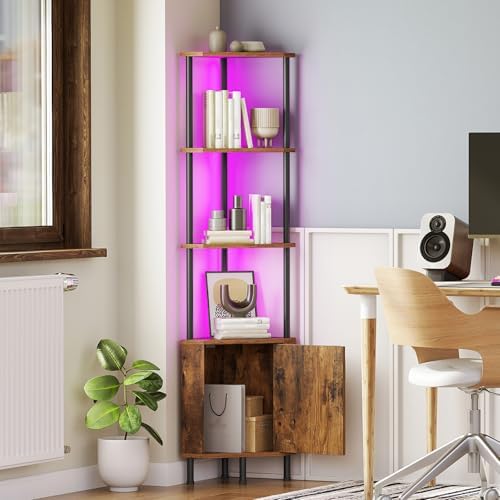 HOOBRO Corner Cabinet with LED Light, Corner Shelf Stand with Storage and Doors - Image 4