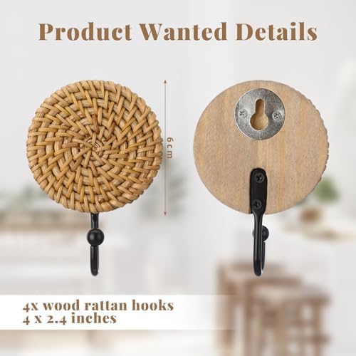 Colingmill 4 Pcs Boho Rattan Wall Hooks, Woven Towel Hooks Decor - Image 2
