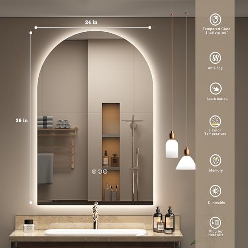 24x36 Inch Backlit Arched LED Bathroom Mirror - Image 2