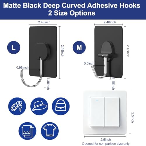 Adhesive Wall Hooks No Drill Black Heavy Duty, 13LB Sticky 12 Pack - Image 3