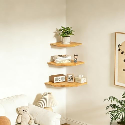 JiudunsKylight Oak 3-Tier Corner Floating Shelf Set - Image 2
