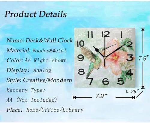 Spring Hummingbird Foraging Flower Square Wall Clock, 8 Inch Standard Non - Image 3