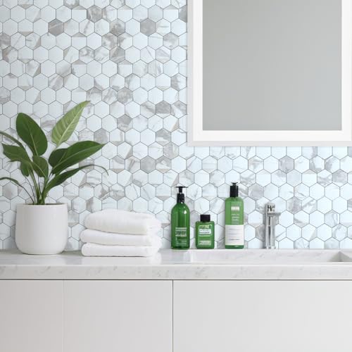 DICOFUN 10-Sheet White Hexagon Tile Peel and Stick Backsplash, Marble Look PVC - Image 4