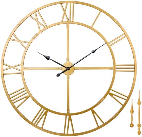 60 Inch Large Silent Wall Clock, Easy Assembly Roman Numeral Gold by WallClockDecor