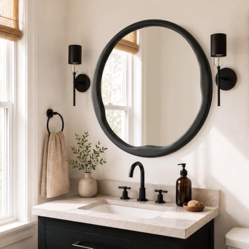 Matte Black 30 Inch Round Wood Wall Mirror, Asymmetrical Inner Edge - Image 6