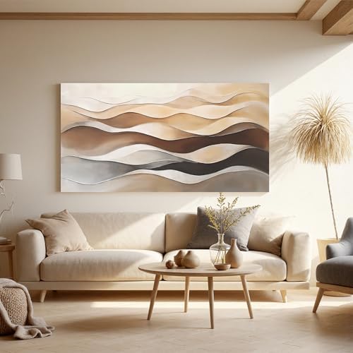 Abstract Art Decor Wavy Stripes Print Brown White Wall Art Painting 24"×48" - Image 6