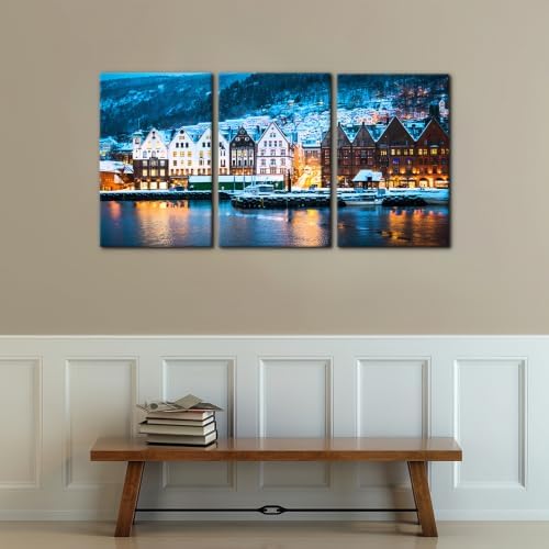 Pacimo 3 Piece Norway Cityscape Canvas Wall Art, Bruges Night View Print - Image 2