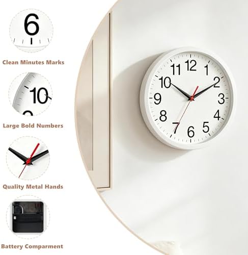 Rohioue Wall Clock Analog 10 Inch White Battery Operated Silent Clock - Image 4