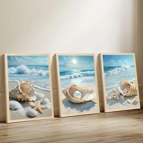 SYWENNOI Triptych Coastal Shell Pearl Framed Canvas Wall Art 20x30 inch x3 - Image 5
