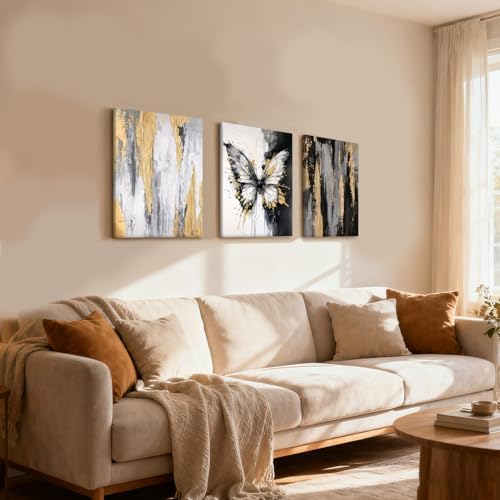 NCCXNCC 3Pcs Abstract Black and Gold Flowing Butterfly Canvas Wall Art - Image 3
