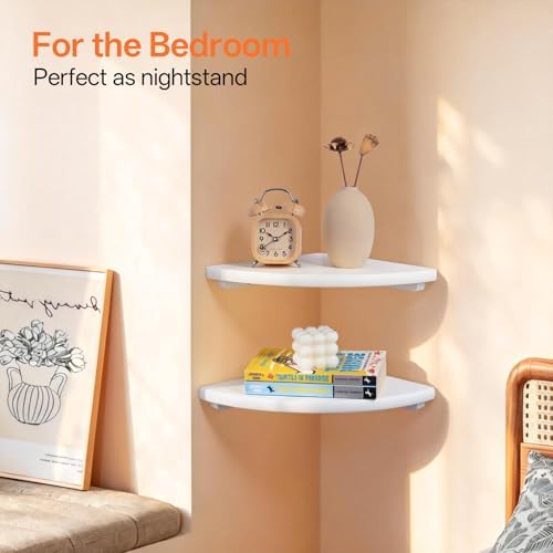 Floating Corner Shelves Set 2 7inch White Solid Oak Rounded Corner Shelves Wall - Image 3
