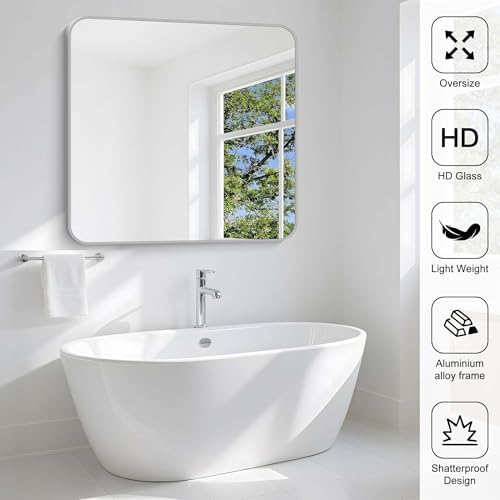 Silver Bathroom Mirror, 42 x 42 Inch Silver Square Mirror, Metal Framed - Image 6