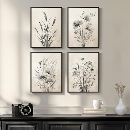 Framed Vintage Rustic Farmhouse Botanical Floral Wall Art, 4 Piece 11x14 In by Cuspin