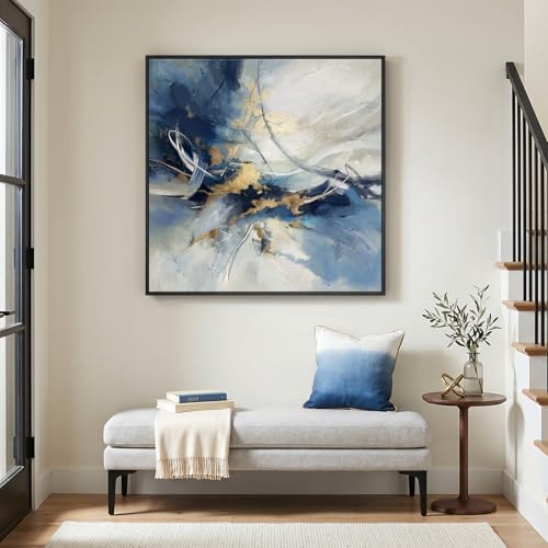 Framed Modern Blue White Abstract Wall Art Decor - Image 3